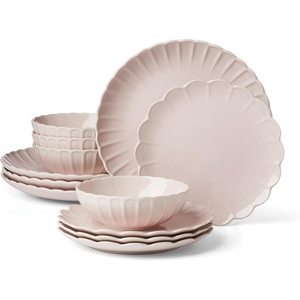 image:imageLenox Dinnerware Set French Perle Scallop Blush 12Piece Set Service For 4 Stoneware Dishwasher Safe Microwave Safe Plates and Bowls sets Dish Set Plate Set Home And Kitchen Pink 12 Piece