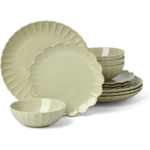 image:imageLenox Stoneware Dinnerware Sets French Perle Scallop Matcha 12Piece Dinnerware Set Service For 4 Green Dishes Set for 4 Dishwasher Safe Stoneware Dinner Plates and Bowls Sets Green 12 Piece